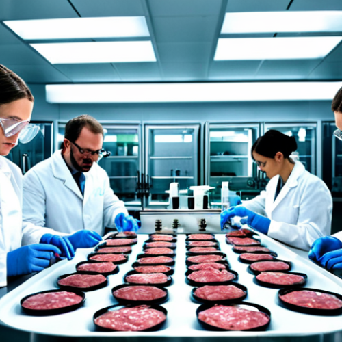 Home 19 **A futuristic lab setting showcasing the production of cultured meat. Include scientists in lab coats working with bioreactors and petri dishes. Focus on the cleanliness and controlled environment. The overall tone is scientific and innovative.**