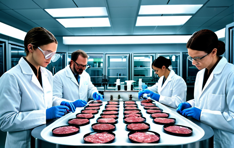 **A futuristic lab setting showcasing the production of cultured meat. Include scientists in lab coats working with bioreactors and petri dishes. Focus on the cleanliness and controlled environment. The overall tone is scientific and innovative.**