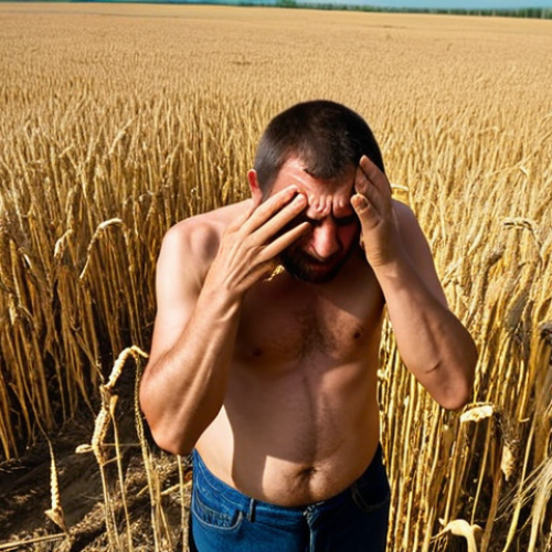 Home 18 **
A desolate wheat field under a scorching sun in the Volga region of Russia. Cracked earth is visible, and wilting wheat stalks droop under the heat. In the background, a struggling farmer wipes his brow, conveying a sense of despair. The overall tone is one of drought and agricultural hardship, emphasizing the impact of climate change on Russia's wheat production.
**