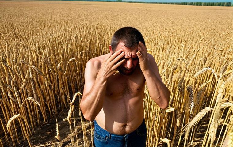 **

A desolate wheat field under a scorching sun in the Volga region of Russia. Cracked earth is visible, and wilting wheat stalks droop under the heat. In the background, a struggling farmer wipes his brow, conveying a sense of despair. The overall tone is one of drought and agricultural hardship, emphasizing the impact of climate change on Russia's wheat production.
**