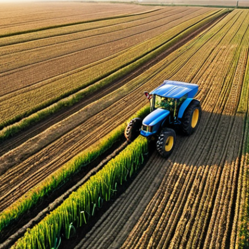 Home 17 A picturesque aerial view of an expansive, fertile agricultural field in Russia, possibly in the Krasnodar region, bathed in the soft glow of dawn. A state-of-the-art tractor equipped with GPS and precise application technology is visible, diligently working in the field. Above it, a high-tech drone with multiple sensors hovers, capturing data. The scene emphasizes the seamless integration of modern technology and traditional farming, showcasing efficiency, resource optimization, and the vastness of Russian arable land.