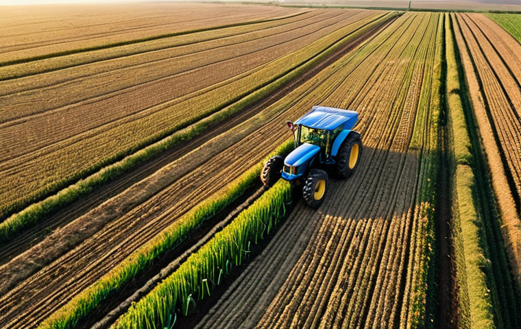 A picturesque aerial view of an expansive, fertile agricultural field in Russia, possibly in the Krasnodar region, bathed in the soft glow of dawn. A state-of-the-art tractor equipped with GPS and precise application technology is visible, diligently working in the field. Above it, a high-tech drone with multiple sensors hovers, capturing data. The scene emphasizes the seamless integration of modern technology and traditional farming, showcasing efficiency, resource optimization, and the vastness of Russian arable land.