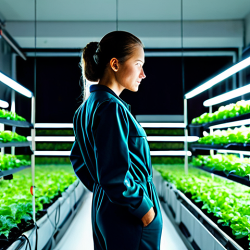 Home 8 A professional woman, fully clothed in a modest, modern jumpsuit, gently tending to vibrant green leafy vegetables growing in a high-tech hydroponic vertical farming system indoors. The scene features rows of plants under bright LED grow lights, with a blurred cityscape visible through large windows in the background, emphasizing urban integration. The setting is clean, futuristic, and sustainable. Professional photography, high resolution, realistic, perfect anatomy, correct proportions, natural pose, well-formed hands, proper finger count, natural body proportions, safe for work, appropriate content, family-friendly.