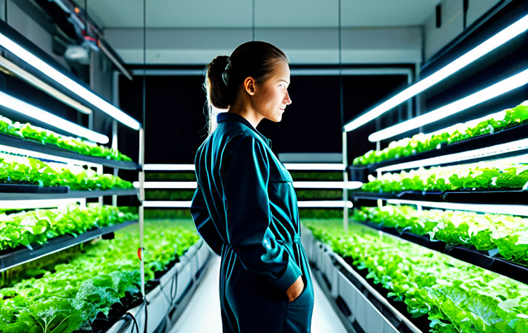 A professional woman, fully clothed in a modest, modern jumpsuit, gently tending to vibrant green leafy vegetables growing in a high-tech hydroponic vertical farming system indoors. The scene features rows of plants under bright LED grow lights, with a blurred cityscape visible through large windows in the background, emphasizing urban integration. The setting is clean, futuristic, and sustainable. Professional photography, high resolution, realistic, perfect anatomy, correct proportions, natural pose, well-formed hands, proper finger count, natural body proportions, safe for work, appropriate content, family-friendly.