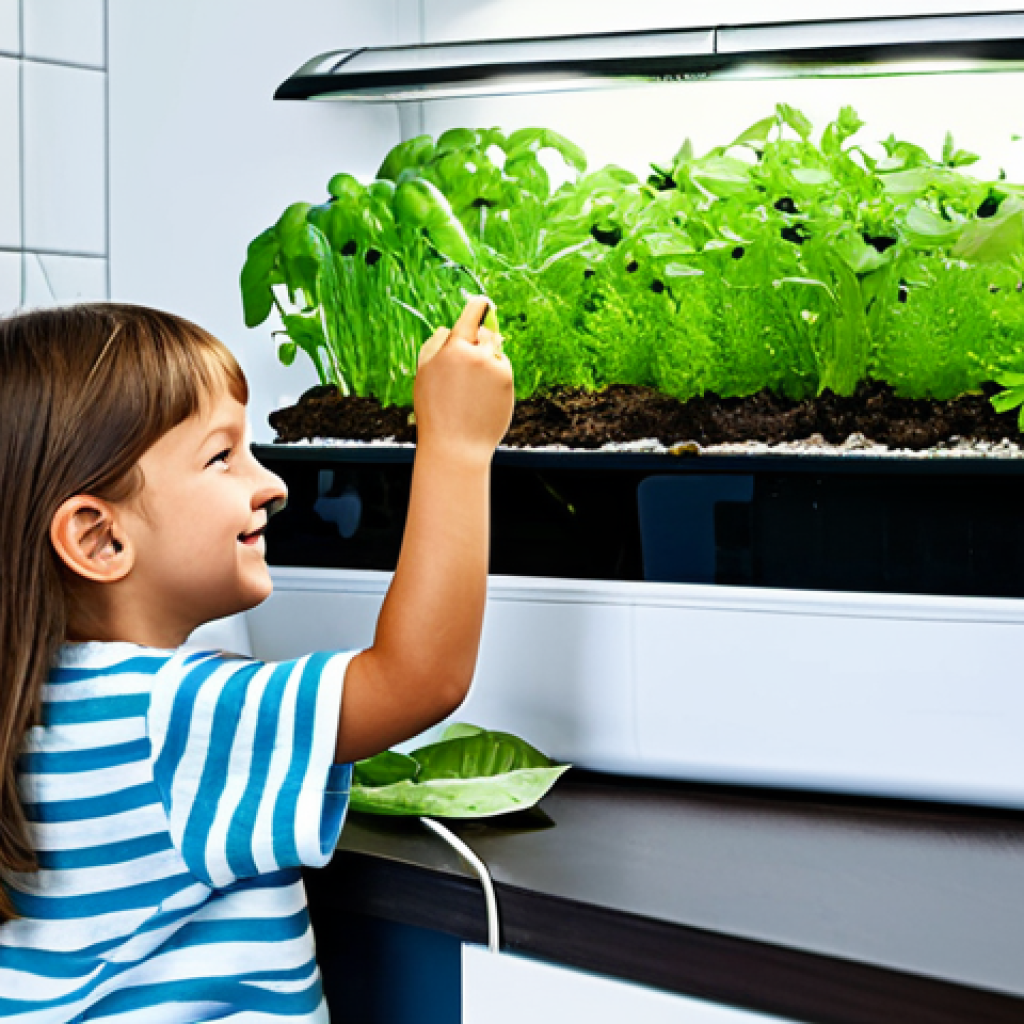 아쿠아포닉스의 지속 가능성 - Small-Scale Home Aquaponics System**
A family-friendly, bright kitchen scene showcasing a small, ae...