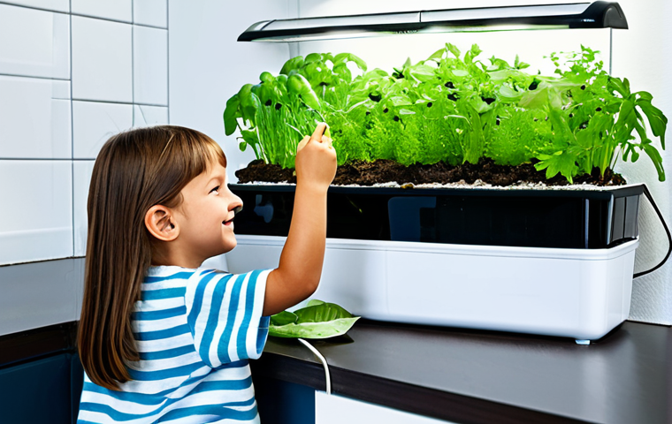 아쿠아포닉스의 지속 가능성 - Small-Scale Home Aquaponics System**
A family-friendly, bright kitchen scene showcasing a small, ae...