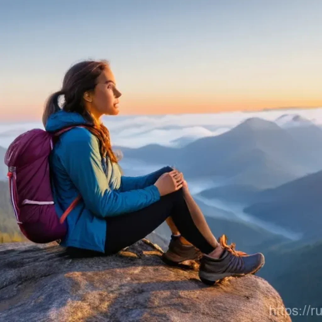 기후 변화에 강한 품종 개발 - A serene young woman, mid-20s, with long, wavy brown hair, sits on a smooth, grey rock overlooking a...