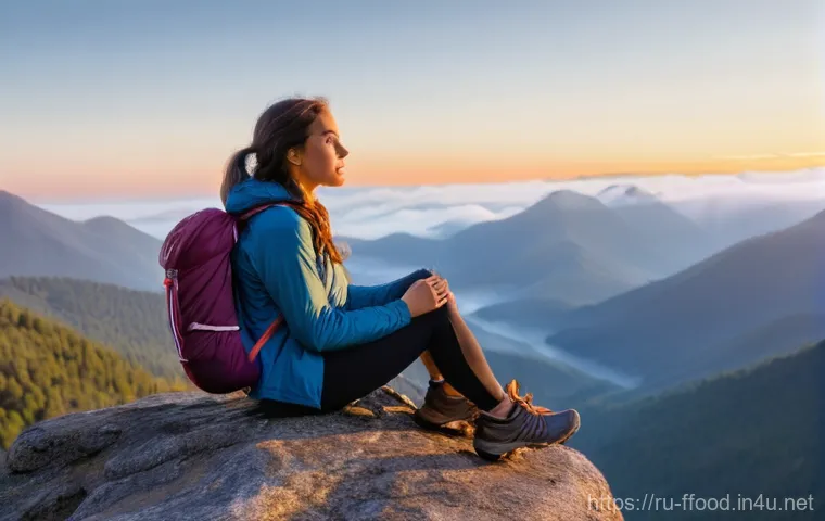 기후 변화에 강한 품종 개발 - A serene young woman, mid-20s, with long, wavy brown hair, sits on a smooth, grey rock overlooking a...