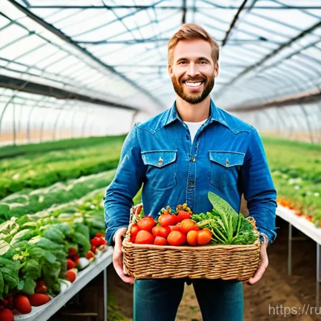 지속 가능한 농업을 위한 정책 - **Prompt:** A vibrant, sunlit scene on a modern organic farm in the picturesque Russian countryside....