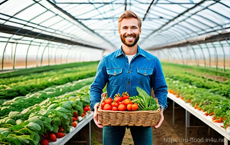 지속 가능한 농업을 위한 정책 - **Prompt:** A vibrant, sunlit scene on a modern organic farm in the picturesque Russian countryside....