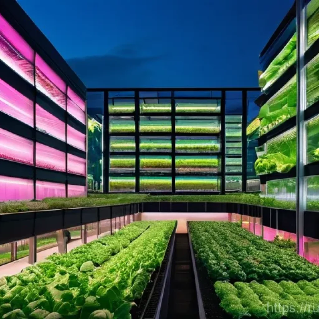 미래식량의 생산 가능성 - **Prompt:** A vibrant, futuristic vertical farm integrated seamlessly into a modern cityscape at dus...