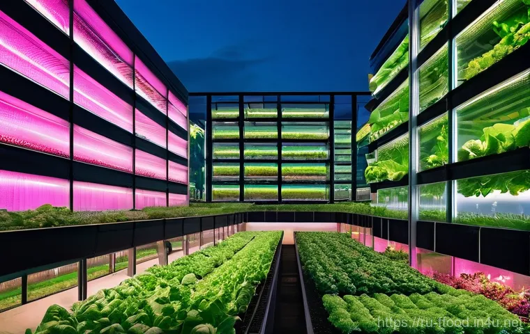 미래식량의 생산 가능성 - **Prompt:** A vibrant, futuristic vertical farm integrated seamlessly into a modern cityscape at dus...
