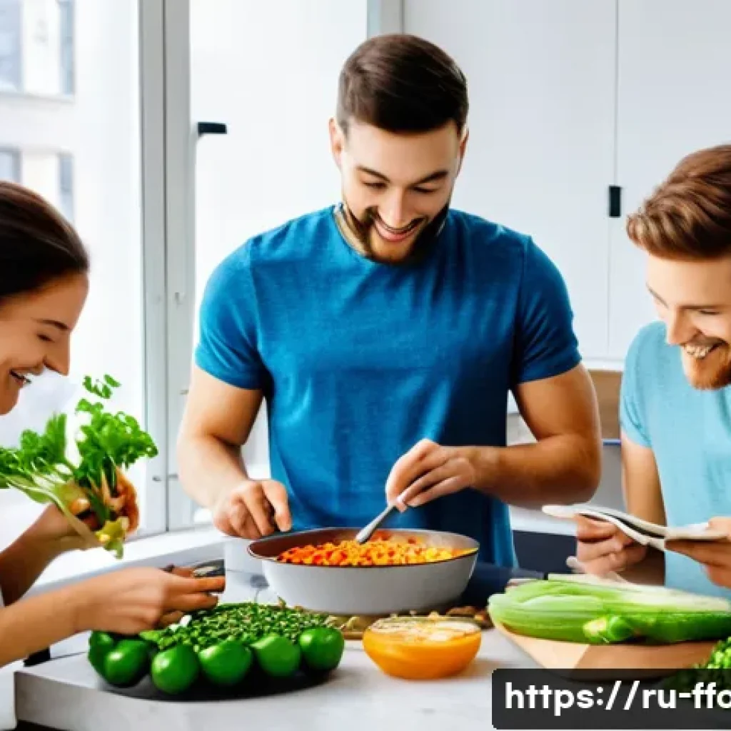지속 가능한 대체식품 산업 - A vibrant, detailed kitchen scene showing a diverse group of young adults in a modern Moscow apartme...