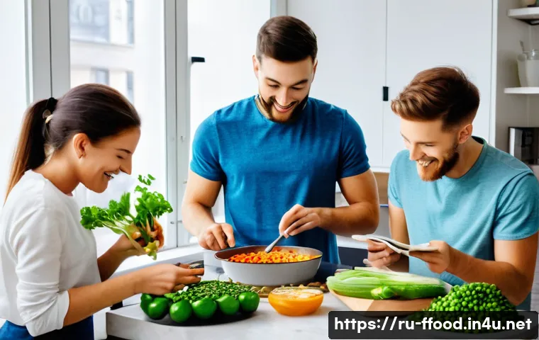 지속 가능한 대체식품 산업 - A vibrant, detailed kitchen scene showing a diverse group of young adults in a modern Moscow apartme...