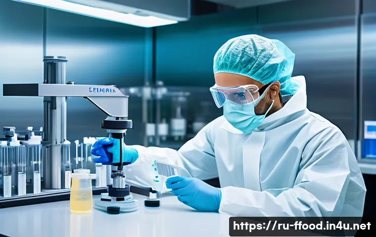 배양육 생산 과정 - A highly detailed laboratory scene showing a scientist in sterile protective clothing carefully isol...