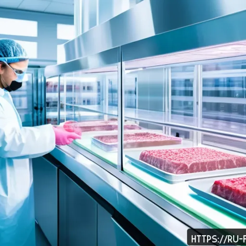 배양육의 안전성 - A high-tech laboratory scene showcasing bioreactors filled with cultured animal cells growing in ste...