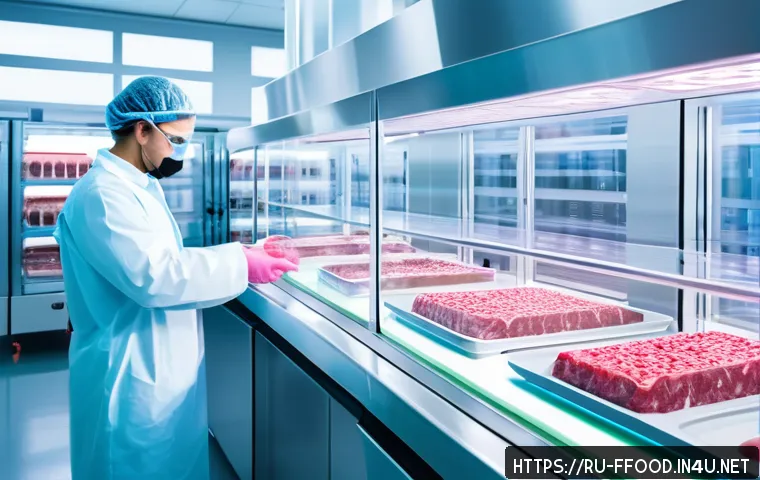 배양육의 안전성 - A high-tech laboratory scene showcasing bioreactors filled with cultured animal cells growing in ste...