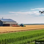 Home 20 기후 변화 대응을 위한 농업 정책 - A modern Russian farm landscape during a sunny day, showcasing a fleet of drones equipped with camer...