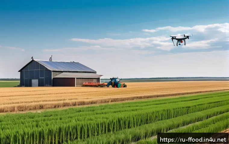 기후 변화 대응을 위한 농업 정책 - A modern Russian farm landscape during a sunny day, showcasing a fleet of drones equipped with camer...