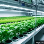 Home 19 고도화된 실험실 재배 기술 - A modern indoor hydroponic laboratory setup in Russia, featuring rows of lush green plants growing i...