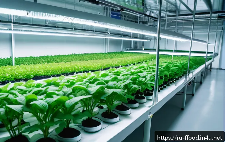 고도화된 실험실 재배 기술 - A modern indoor hydroponic laboratory setup in Russia, featuring rows of lush green plants growing i...