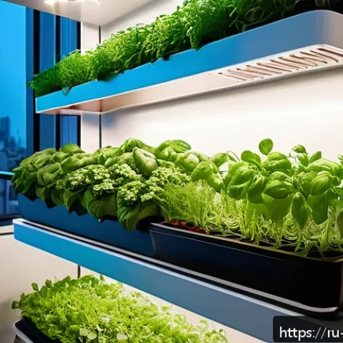 Home 30 수경재배를 통한 도시농업 가능성 - A modern urban apartment interior featuring a compact hydroponic garden setup on a balcony with vert...