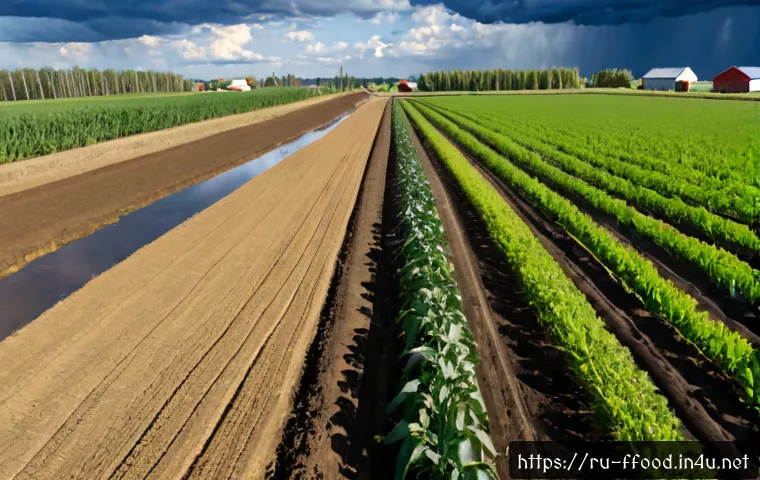 기후 변화와 농업의 미래 - Photorealistic wide view of a Russian farming landscape adapting to climate change, a sharp contrast...