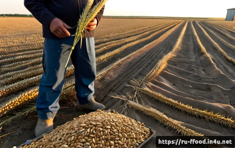 Home 17 세계 식량 안보 위기 - Photorealistic documentary-style scene of a Russian wheat farmer standing beside a drought-stricken ...