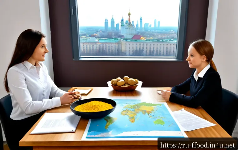 Home 17 글로벌 식량 정책 분석 - Photorealistic global food policy analysis scene in a modern Moscow research office, a Russian agric...