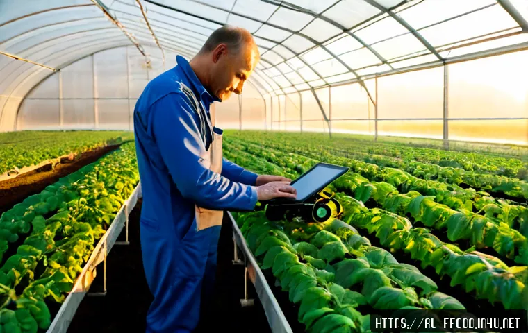 인공지능과 식량 생산 혁명 - Photorealistic wide view of a modern Russian greenhouse farm at sunrise, an autonomous agricultural ...